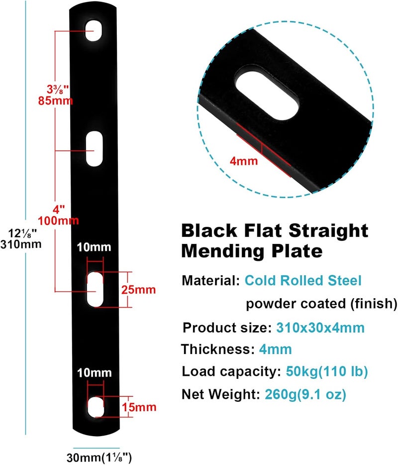 eoere 6 PCS Black 12" Mending Plate, Steel Straps Straight Repair Flat Plate, Heavy Duty Farmhouse Woodworking Metal Brace, 8 Gauge Thick, Max. Load 110 lb - Image 2